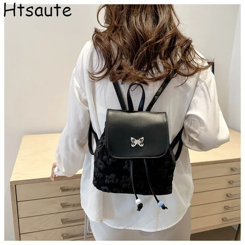 Butterfly Printed Womem Backpack New Retro Fashion Korean Version Versatile PU Leather Bag Large Capacity Backpack Top-handle