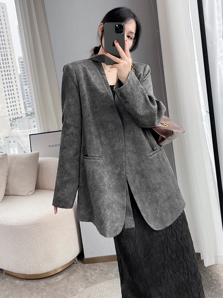 

ay Faionable Loose Women's Suit Jaet No Collar Spring 2025 Early New Sle Leisure Commute Sle Long Sve V-Ne