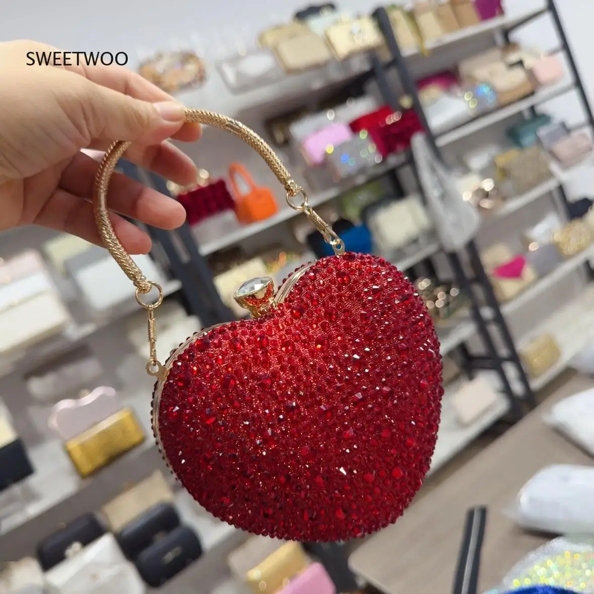 2026 New Womens Rhinestone Heart Shape Evening Bag Mini Top Handle Clutch Handbag for Party view 5