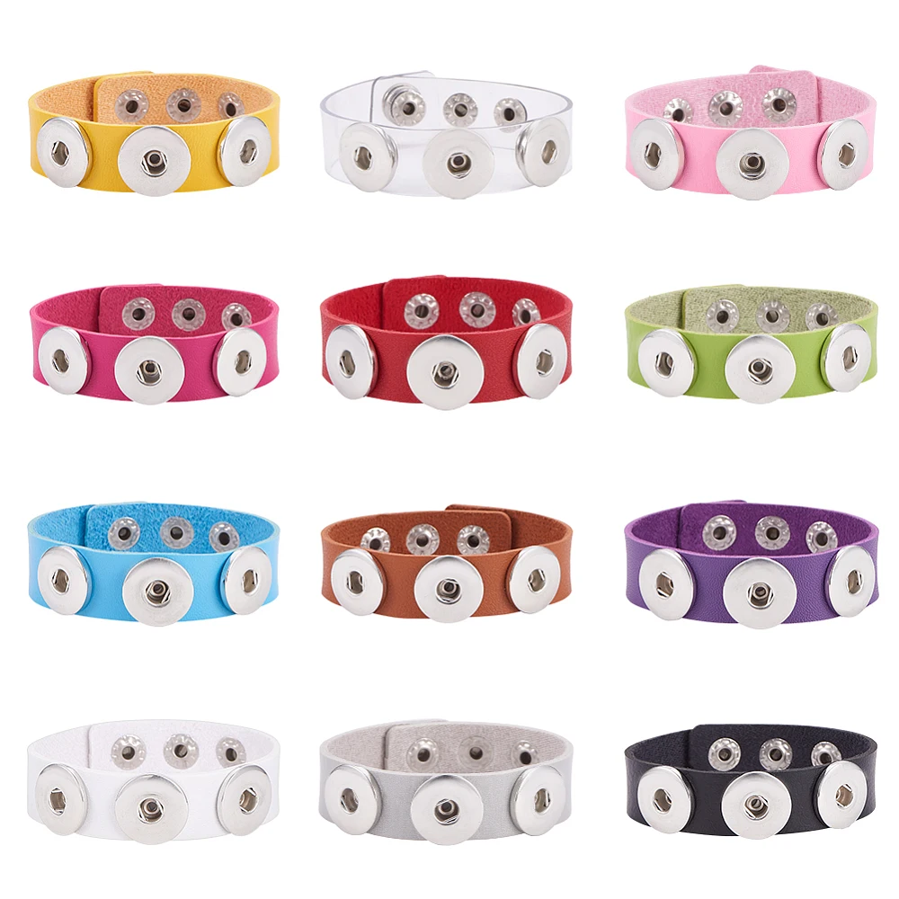 12 Colors Snap Charm Bracelet Bangle for 18mm Snap Button Jewelry Snap Bracelet Wristbands Adjustable Jewelry 8.5in long