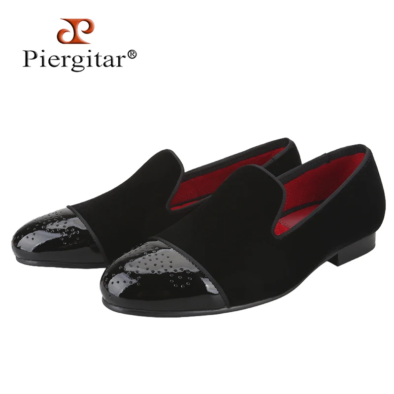 Piergitar Black Patent Leather Toe With Handmade Bullock Punch Men Loafers For Wedding And Party Slip-On Velvet Flats Plus Size