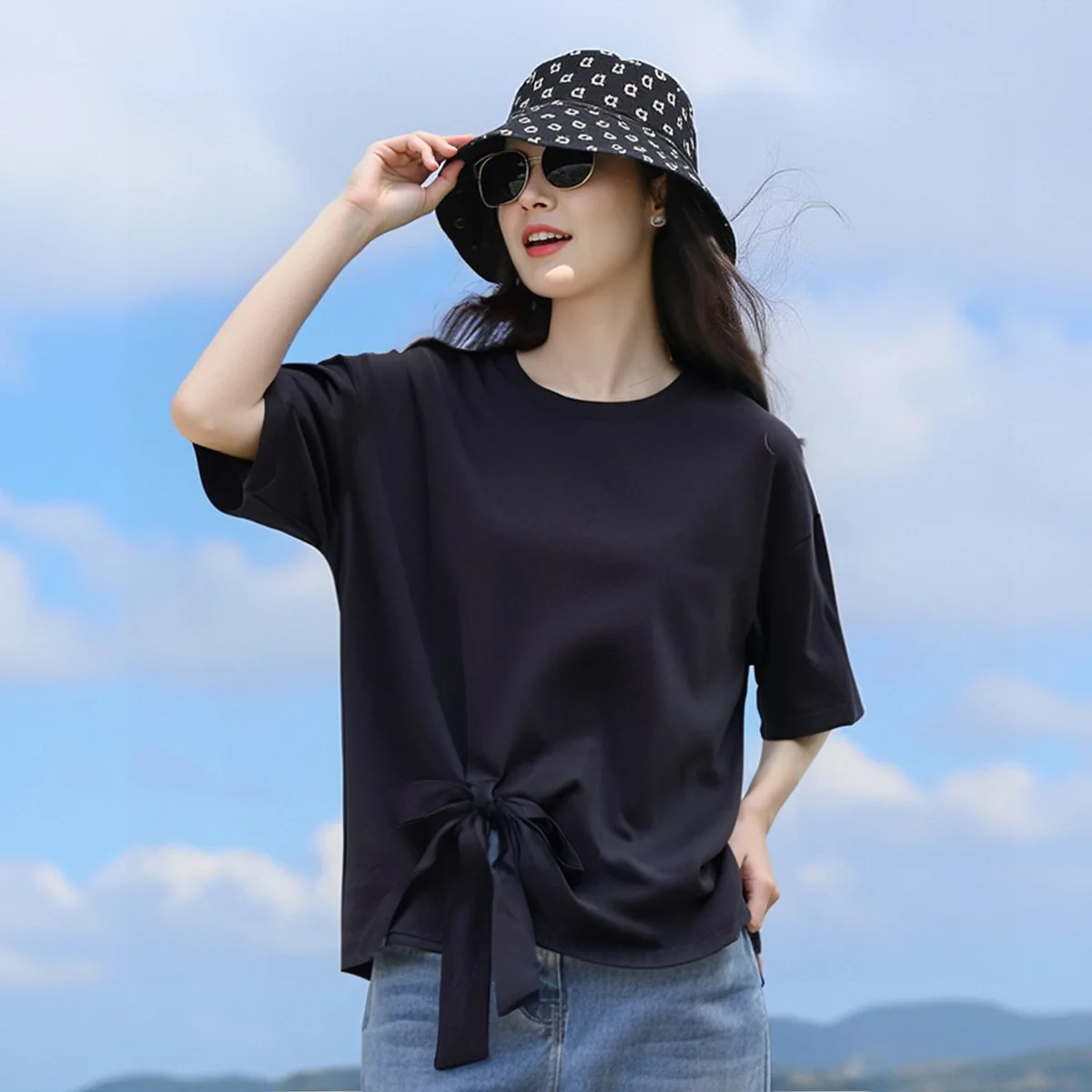 

150Kg Plus Size Women's Bust 157 Summer Loose Bow Short-Sleeved T-Shirt Lace Up Top Black White 5XL 6XL 7XL 8XL 9XL