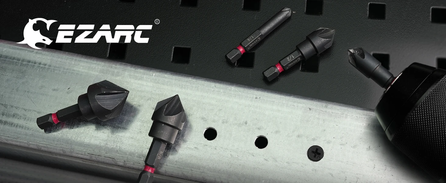 EZARC 5-teiliges HSS-Senkerbohrer-Set für die Metallbearbeitung, 1/4 Zoll, 3/8 Zoll, 1/2 Zoll, 5/8 Zoll, 3/4 Zoll, 82 ° 5-schneidiger, 1/4" Sechskantschaft – Detail 1