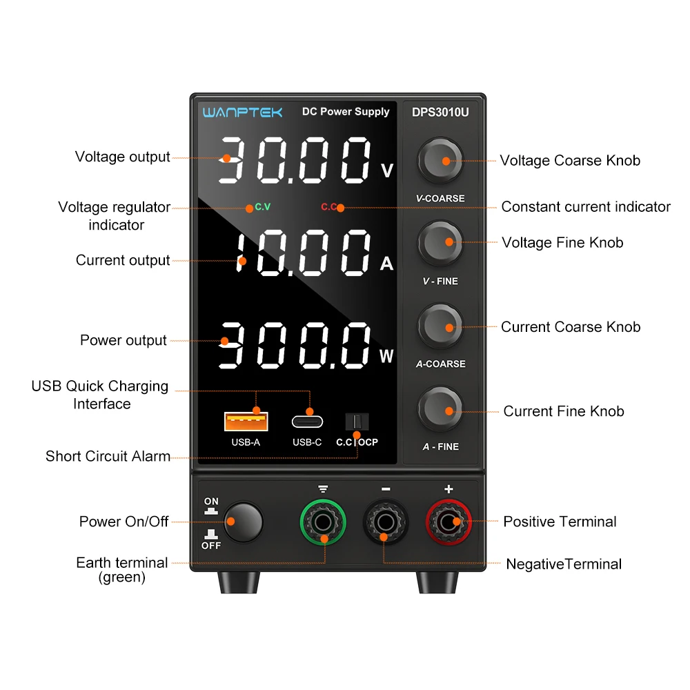 Imagem -04 - Wanptek 30v 10a dc Fonte de Alimentação Ajustável Dígito Display Fontes de Alimentação de Laboratório Regulador de Tensão 60v 5a 120v 3a Reparação