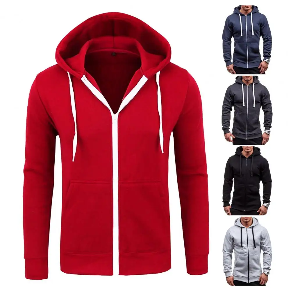 All-season Men Hoodie Hooded Coat Stylish Men's Hooded Jacket with Drawstring Zip-up Closure Elastic Cuff Pockets for Fall