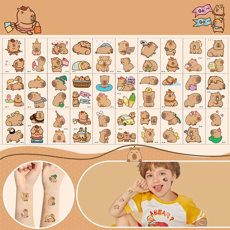 30 ورقة Kawaii كابيبارا لصاقات وشم الكرتون الأطفال الوشم المؤقت الاطفال صبي فتاة الفن الحيوانات الوشم هدية عيد ميلاد