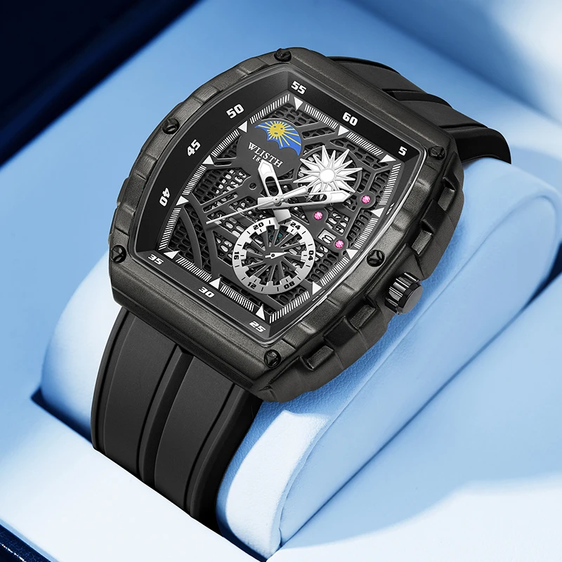 

New Brand Men's Watch Fashion Automatic Movement Barrel Luminous Waterproof Clock Sports Male's Silicone Strap Quartz Wristwatch