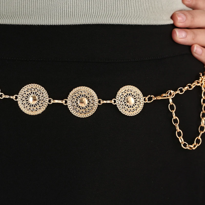 

Золотая регулируемая пряжка, длинный пояс, платье с цепочкой для тела, модное женское винтажное ажурное металлическое платье