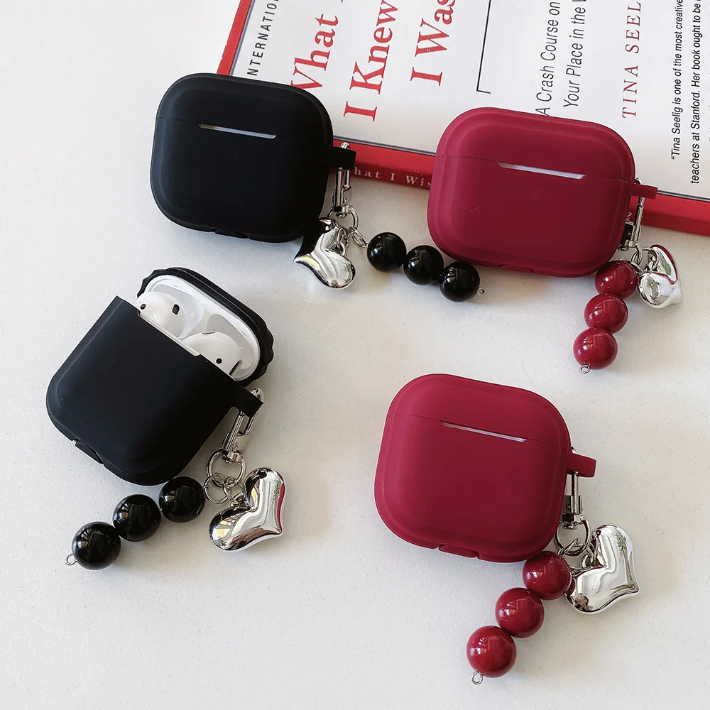 Cute Black Wine Red Square Silicone Earphone Case For AirPods 4 3 2 1 Pro 2 Soft Protection Cover Simple Love Heart Bead Pendant