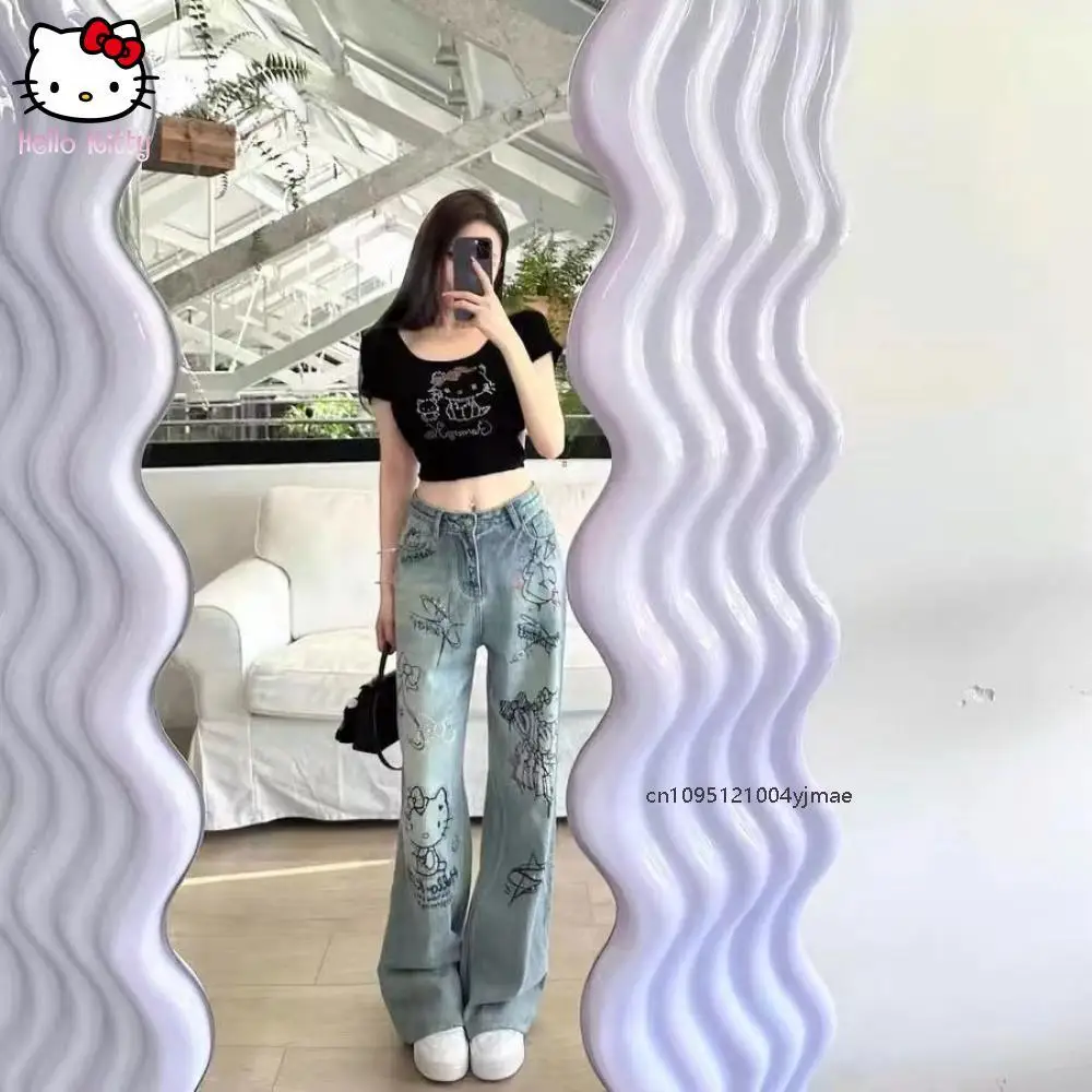 Y2k sanrio hello kitty jeans dos desenhos animados calças compridas anime calças de perna reta bonito retro cintura alta jeans doce meninas estudante
