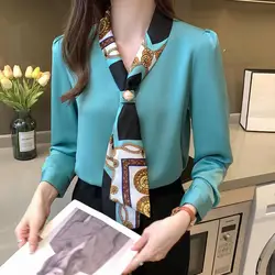 Camisa verde elegante con cuello en V para mujer, Blusa de manga larga con cuello en V, Top profesional con corbata de temperamento, primavera y otoño, nuevo diseño