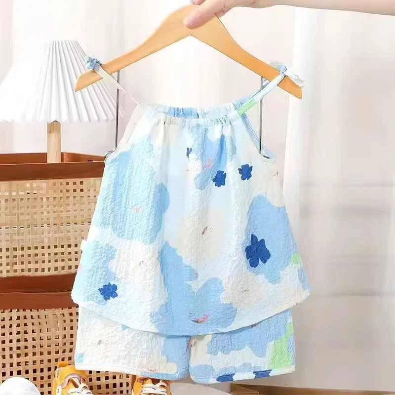 Sets Summer New Style Blended Oil Painting Style Girls Summer Set Suspender Shorts Famou Two-piece Set Trendy
