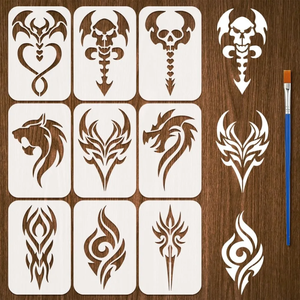 

Набор из 9 многоразовых пластиковых трафаретов для татуировок (4,7x7,1 дюйма) с рисунками животных, для рисования кистью