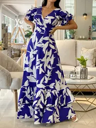 Women's Elegant Printed Long Dresses,Casual V-Neck Vacation Cami Dress,Half Sleeve Loose Big Swing Dress Female Vintage Maxi