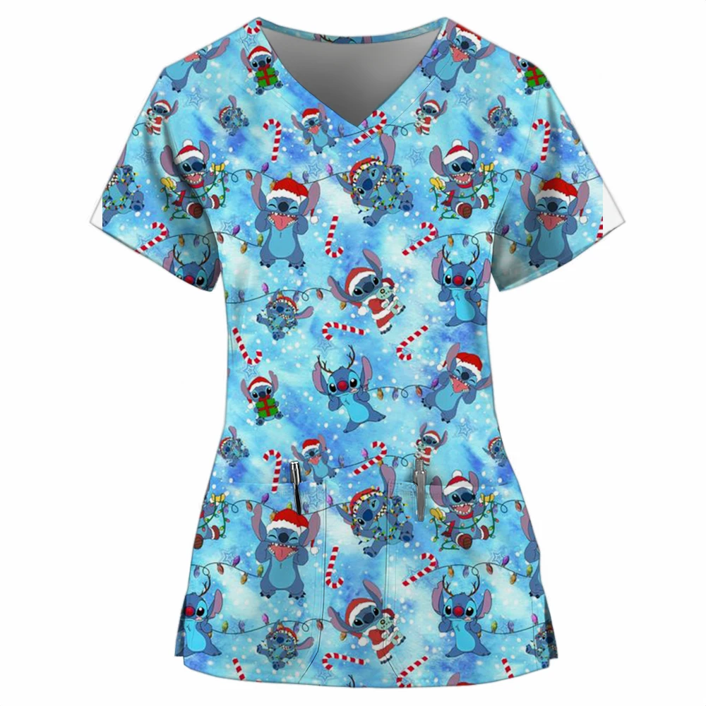 Disney Stitch Christmas Nurse Uniform Matte Women's Cartoon Deer Print Short Sleeve Pocket Work Uniform Medical Uniform