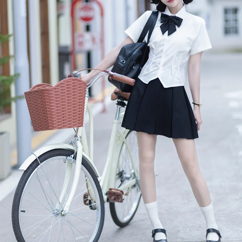 2024 New Japanese JK Uniform Preppy Style Summer and Autumn Solid Color White Long Short Sleeve Black Pleated Skirt Set For Girl