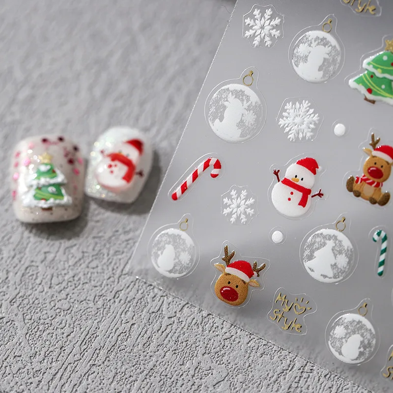 1 stuk 5D nieuwe ambachtelijke nagelstickers prachtige kerstgelei-serie nail art-stickers kerstsneeuwman nageldecoratiestickers