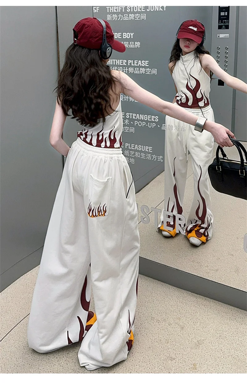 Sommer Kinder Mädchen 2-teiliges Kleidungsset: Neckholder-Top + Hose, Modischer Flammen-Print, Cooler Anzug, Streetwear, Teenager-Trainingsanzüge 5-14 Jahre – Detail 8