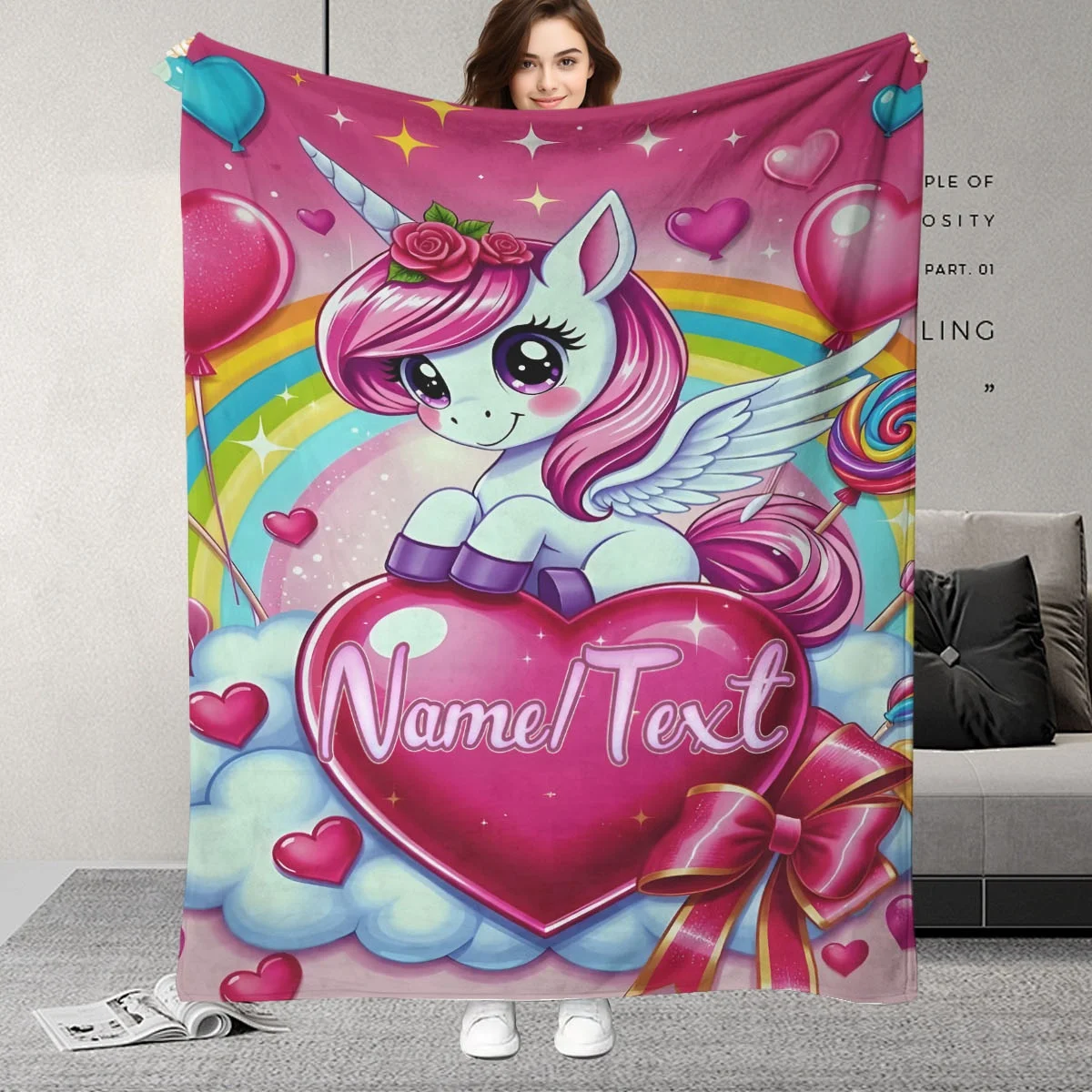 Anpassbare Überwurfdecke mit Namen und Einhornmuster, perfekt für Nickerchen, Camping und Reisen, Weihnachtsgeschenke, geeignet für alle Jahreszeiten