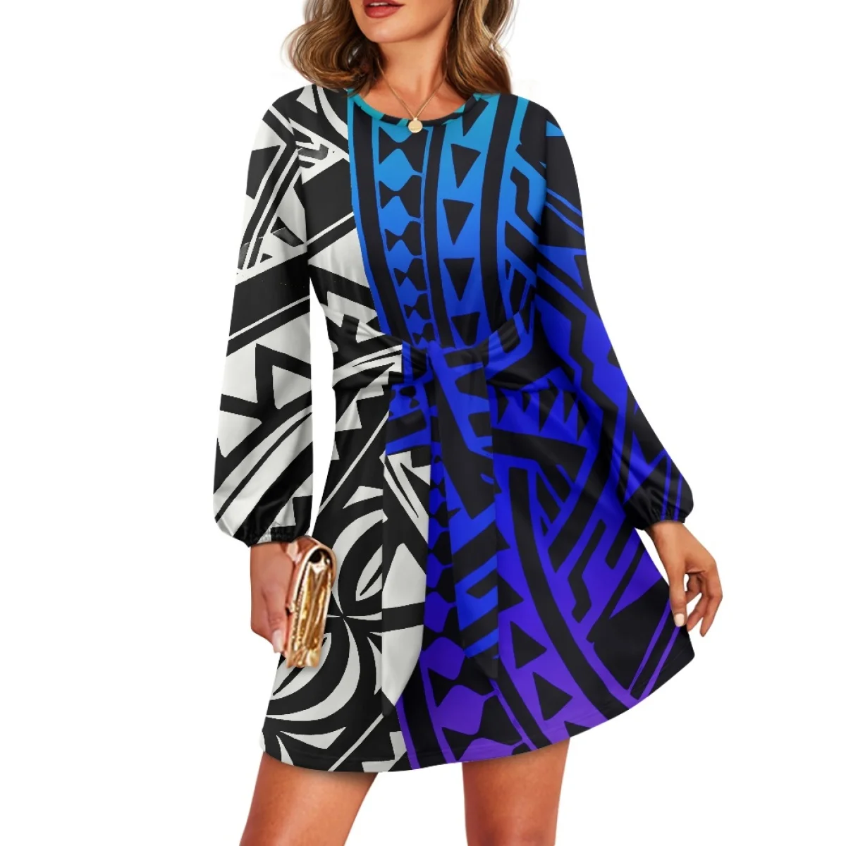 

Elegant maxi dress with Polynesian tribal leaf print Hebeta West dress Pacific island print custom maxi dress