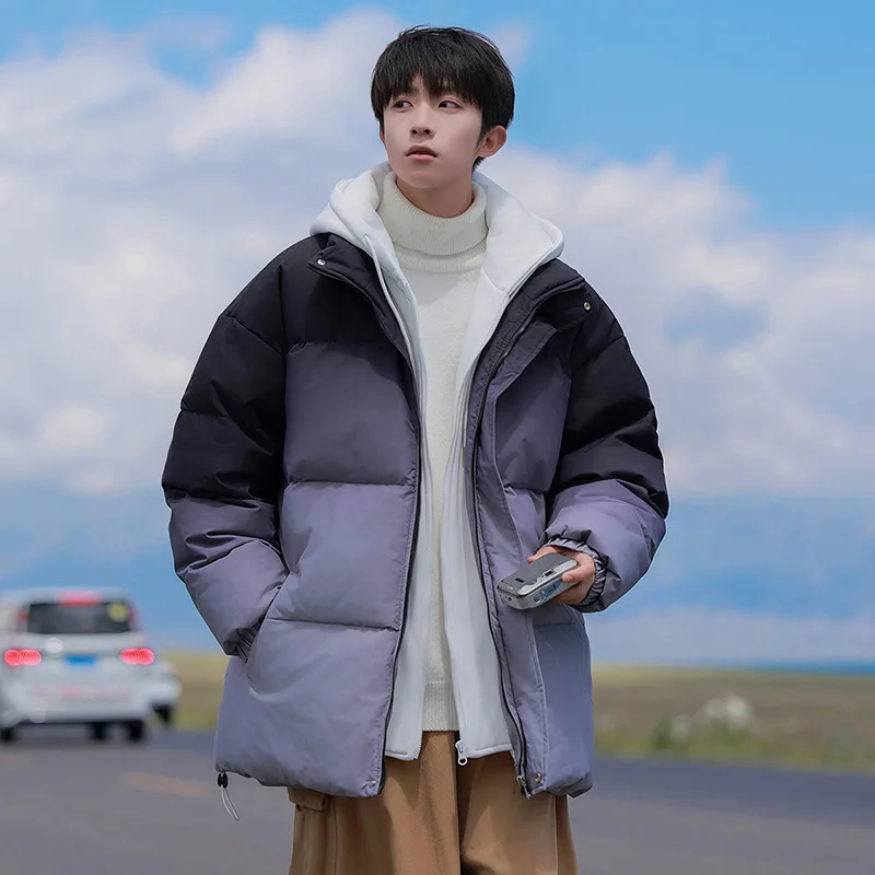 

2025 Winter Men Down Jacket Gradient Color Hooded Man Fake Two-piece Coat Thicken Long Sleeve Loose Versatile Male Outerwear