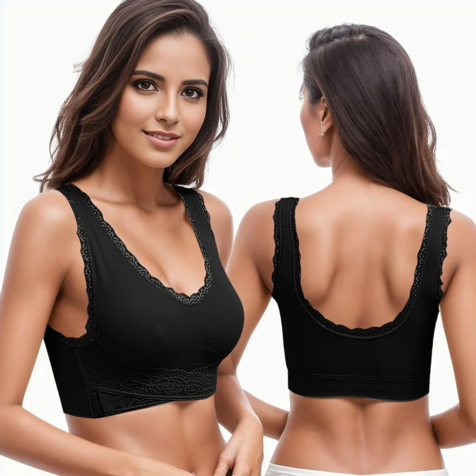 Women Cross Front Side Buckle Push Up Lace Wireless Brassiere Bra Underwear Yoga Vest Bra Push Up Padded Seamless Sports Bra