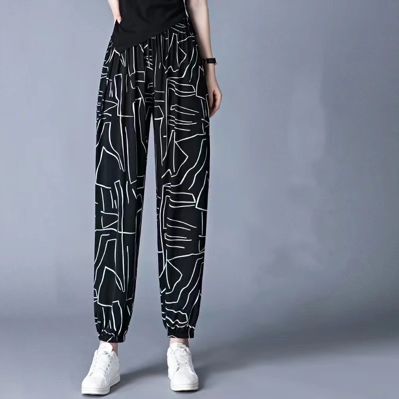 

Pocket Ice Shreds Women Summer Quick Drying Sagging Sensation Large Size Casual Bound Feet Printing Loose All-match Trousers