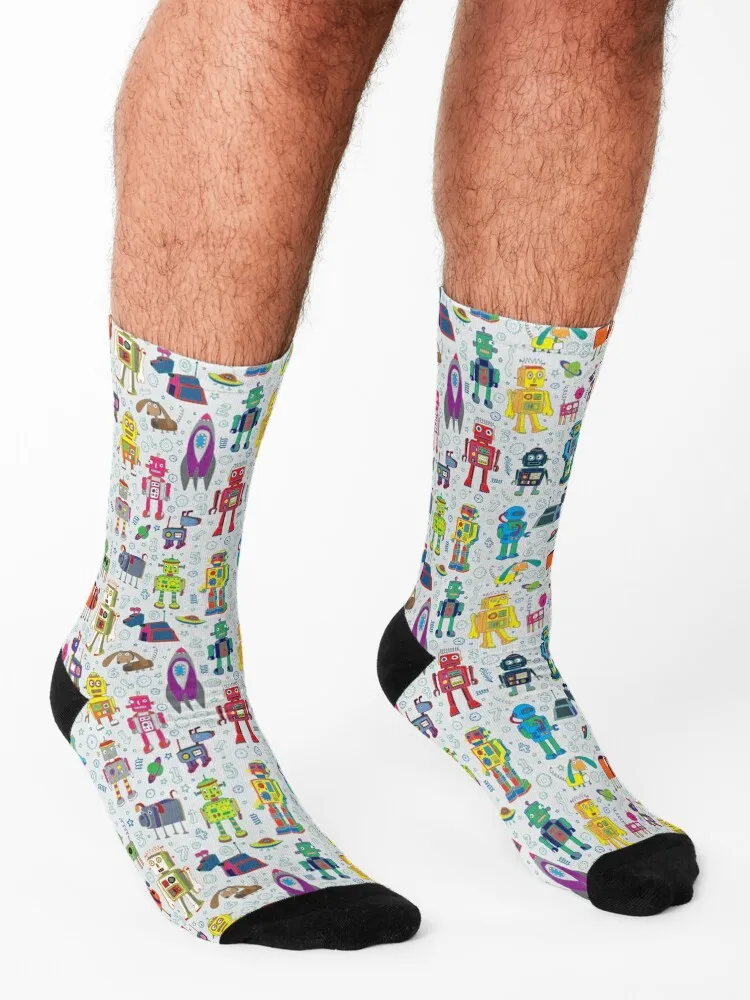 Robots in Space - grey - Small scale - fun Robot pattern by Cecca Designs Socks short aesthetic Argentina Boy Socks Women's