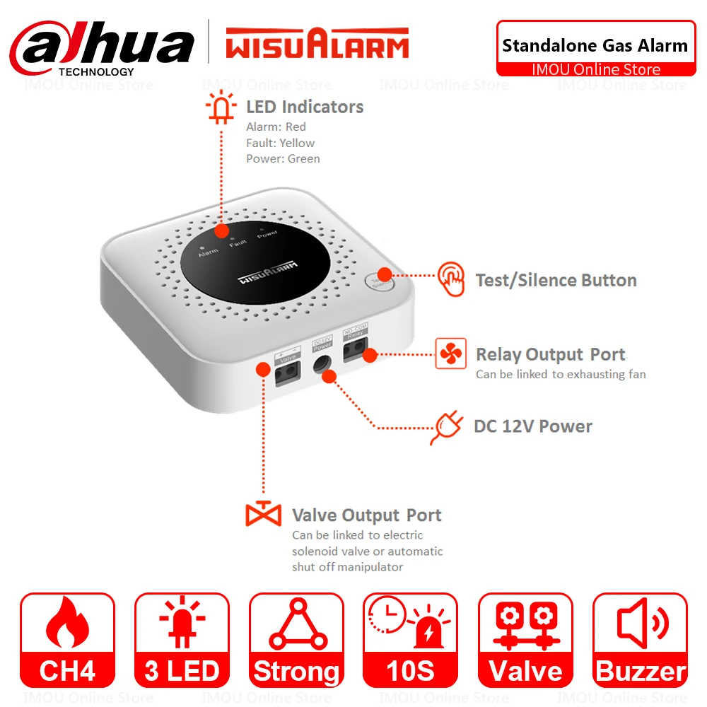 DAHUA Natural Gas Alarm Wisualarm Standalone Methane Leakage Detection Automatically Close Valve App Remote Control