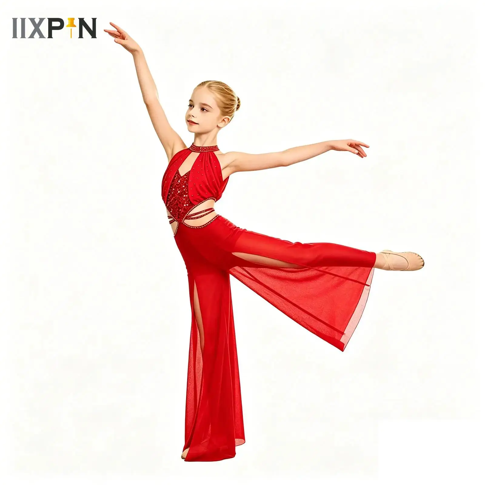 

Kids Girls Modern Lyrical Dance Wide-Leg Bodysuit Sequin Sheer Mesh Jumpsuit Figure Skating Acrobatics Gymnastics Dancewear