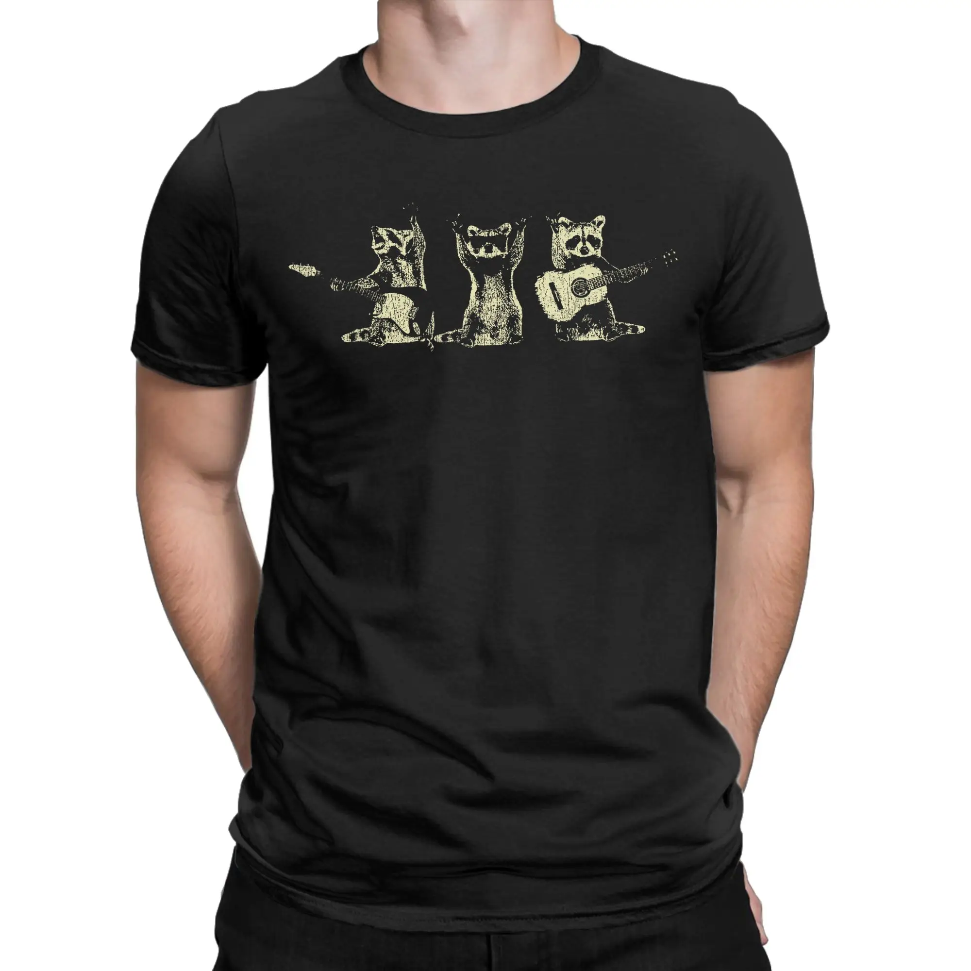 Funny Funny Raccoon Music Band Electric Acoustic Guitar Racoons T-Shirts Men O Neck Cotton T Shirts Tees 4XL 5XL 6XL Clothing