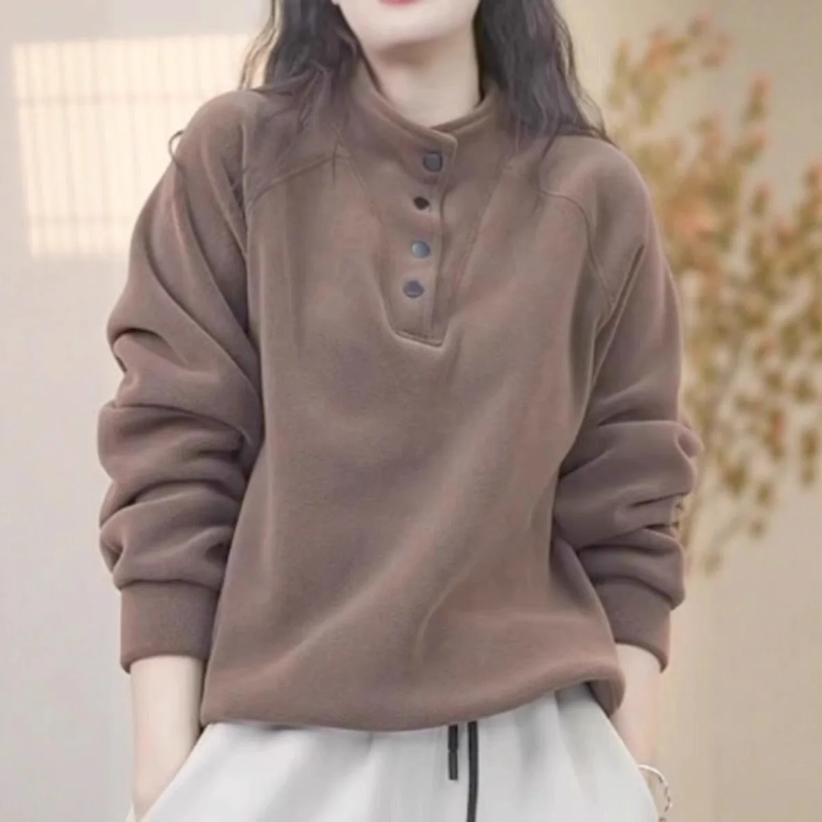 

Women's hoodie 2025 autumn and winter new button up stand collar loose plus plus velvet warm long sleeved top