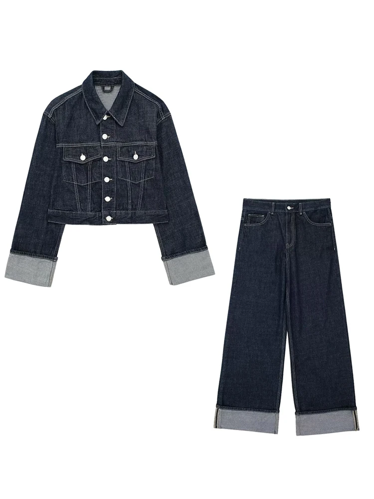 HH 2024 Vintage Women Patchwork Denim Jacket Pant Sets Long Sleeve Cropped Coat+High Waist Wide Leg Pants Streetwear Suit