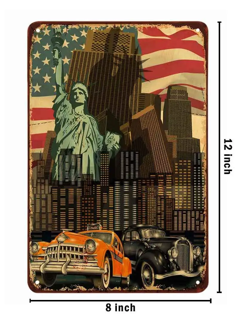 AOYEGO New York City Taxi Car Tin Sign,America Flag Auto Skyscraper Travel Freedom Statue of Liberty Vintage Metal Tin Signs for