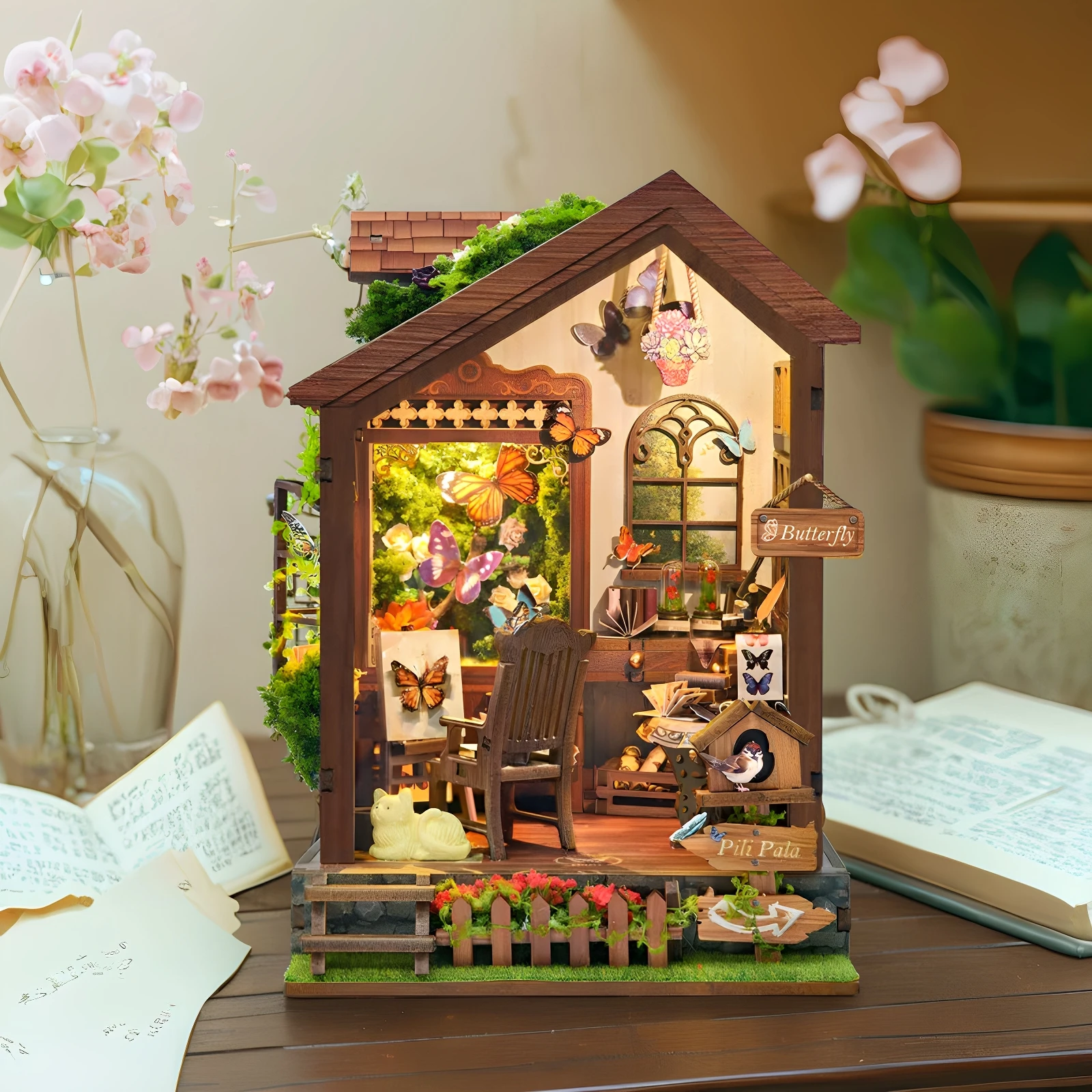 DIY Book Nook บ้านผีเสื้อ Bookend ไม้ Miniature ชุดไฟ LED ชั้นวางหนังสือจิ๊กซอว์สําหรับของขวัญวันเกิดเพื่อน
