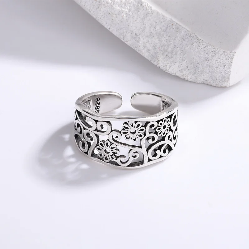 Buyee Blumenring aus 925er-Sterlingsilber, Fingerring, elegantes hohles Muster, offener Ring für Damen und Herren, modisch, süßer edler Schmuck, Kreis