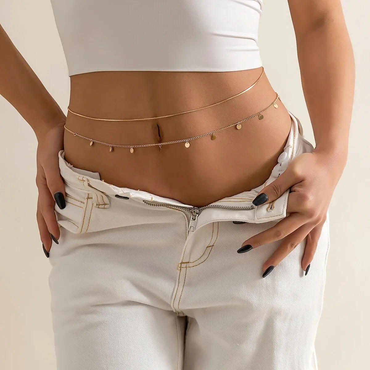 Ingemark 2Pcs/Set Sexy Sequins Belly Waist Chain for Women Summer Bikini Multilayer Thin Chain Body Jewelry Y2K Accessories New image 2