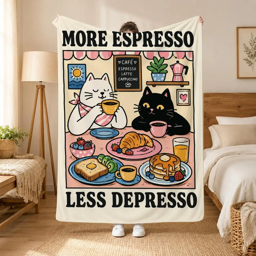 More Espresso Less Depresso Black Cat Throw Cozy Summer Nap Flannel Blanket Soft Throw for Office, Couch, Travel & Bed