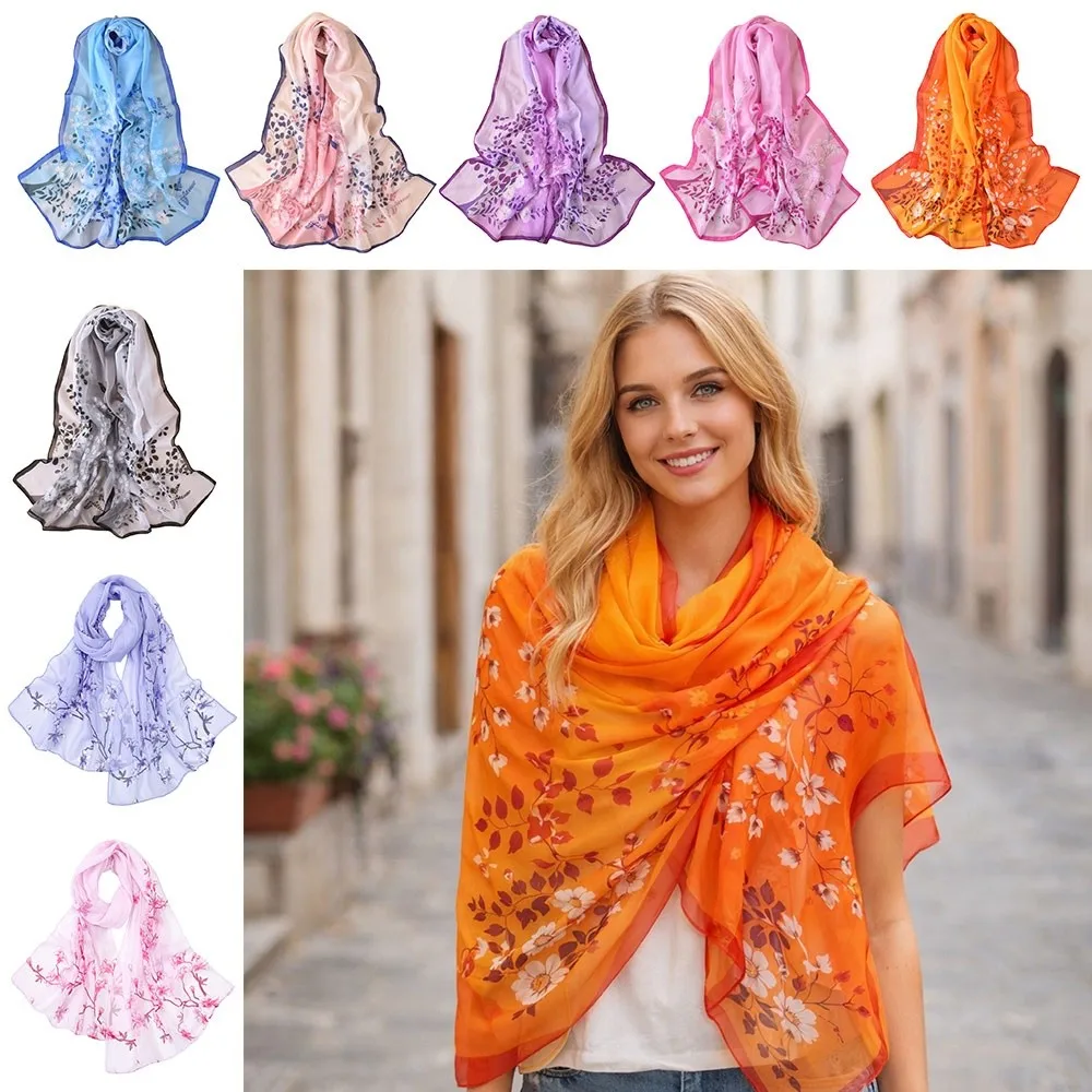 

Elegant Floral Print Chiffon Scarf Thin Protection Sunscreen Shawl Long Soft Female Wrap Shawls Spring