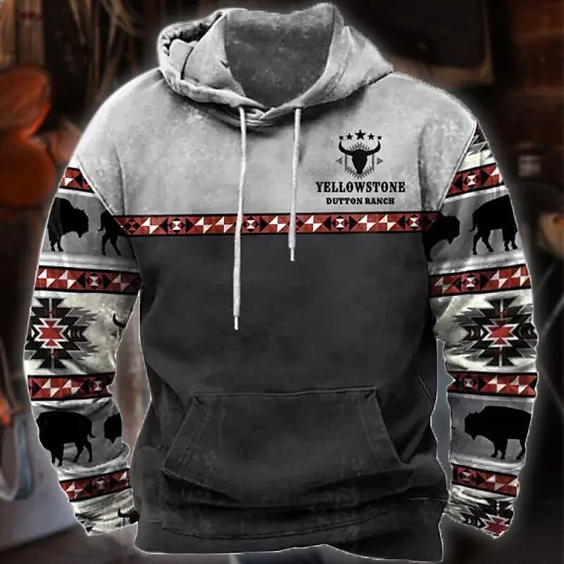 Western Cowboy Heren Hoodie Herfst En Winter Heren Kleding 3d Geprint Patroon Sweatshirt Retro Hoodie Nieuwe Mode Pullover