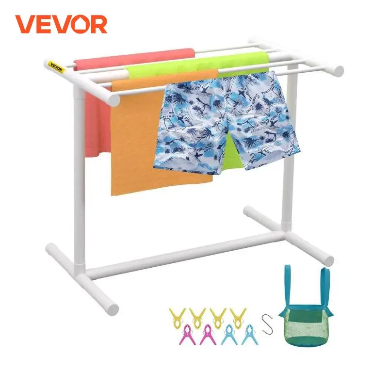 VEVOR 5 Bar Pool Towel Rack PVC T-shape White/Brown Freestanding Outdoor Poolside Storage Organizer W/ Stores Floats & Paddles