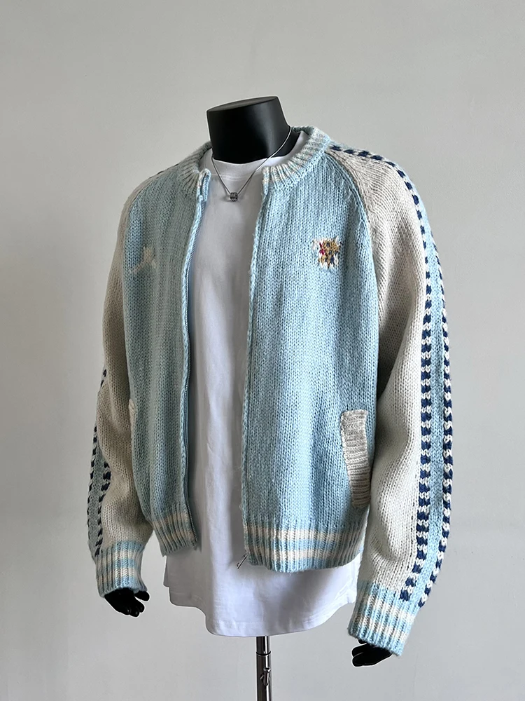 

Мужской вязаный свитер на молнии для ранней осени, в стиле стритстайл, с цветными блоками и полосками, повседневный, с длинными рукавами