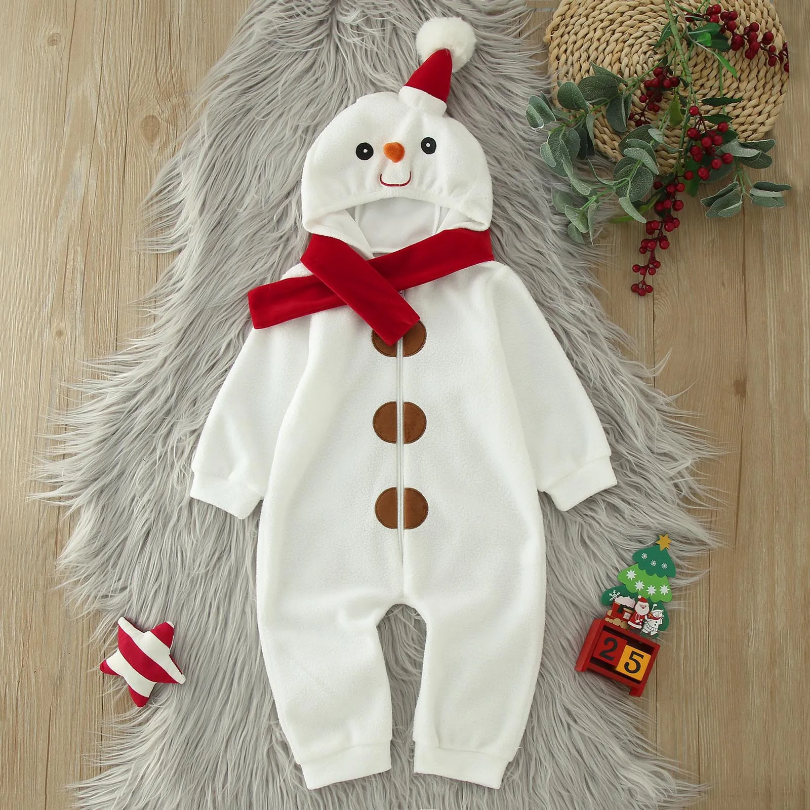 Infant Boys Girls Christmas Costumes Fleece Thick Long Sleeve Romper Cartoon Snowman Cosplay Hooded Jumpsuits For 3 6 12 Months