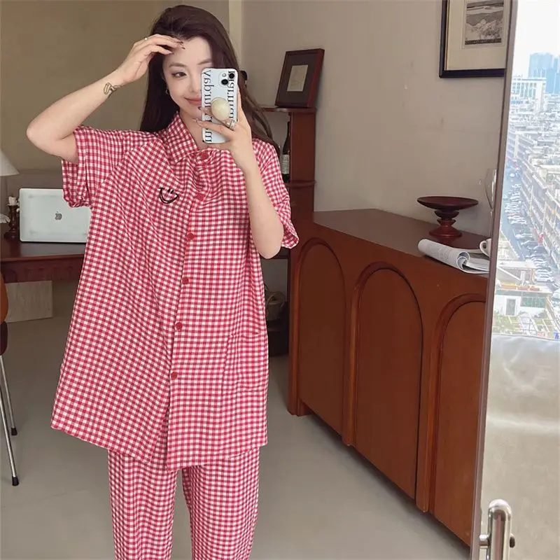 Summer Women's Plaid Long Sve Spwear Home Clothes Set Simple Sle Lazy Face Open Cardigan Long Pants Casual Lei...