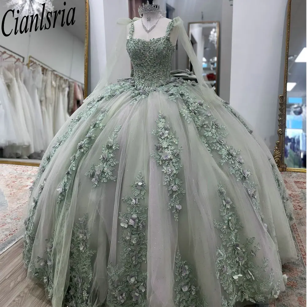 Verde menta correa De espagueti rebordear arco Vestido De baile vestidos De quinceañera flores 3D apliques De encaje dulce 16 Vestido De 15 Anos