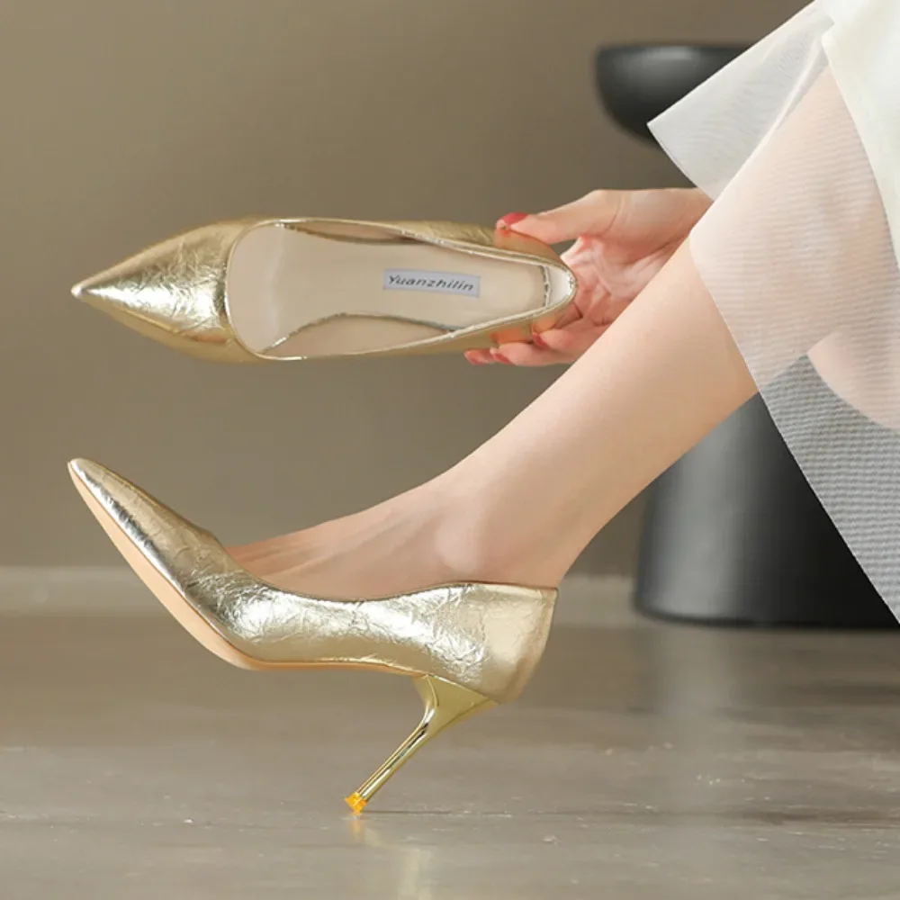 

Luxury Pumps Shoes for Women Gold Shiny Pumps Brand Large Size High Heel Shoes Sexy Party Pointed Toe Wedding Shoes Mary Jane