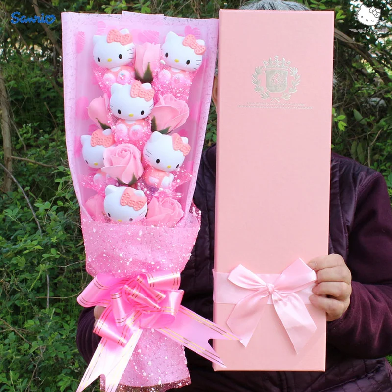

6 Cats Sanrio Anime Hello Kitty Bouquet Plush Stuffed Doll Kawaii Soap Flower Gift Box Rose Flower Cartoon Valentine's Day Gifts
