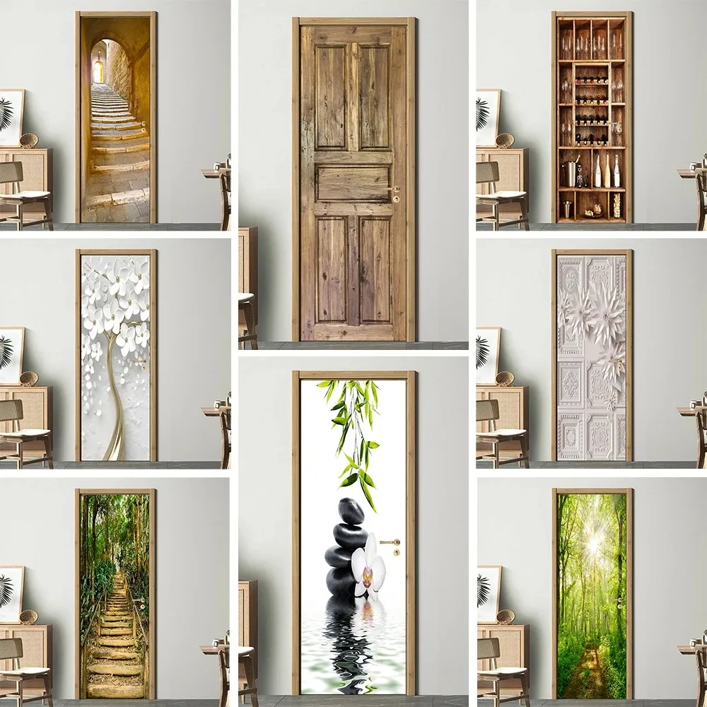 

3D Realistic Wooden Door Sticker Self Adhesive PVC Wall Art Wallpaper for Bedroom Entrance Door Wrapping Cover Decals