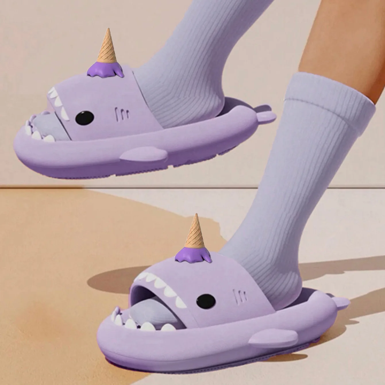 Cute Ice cream Shark Slippers Women Men Summer Shoes Thick Sole Anti-slip Indoor Bathroom Slides Couples Beach Street Sandals