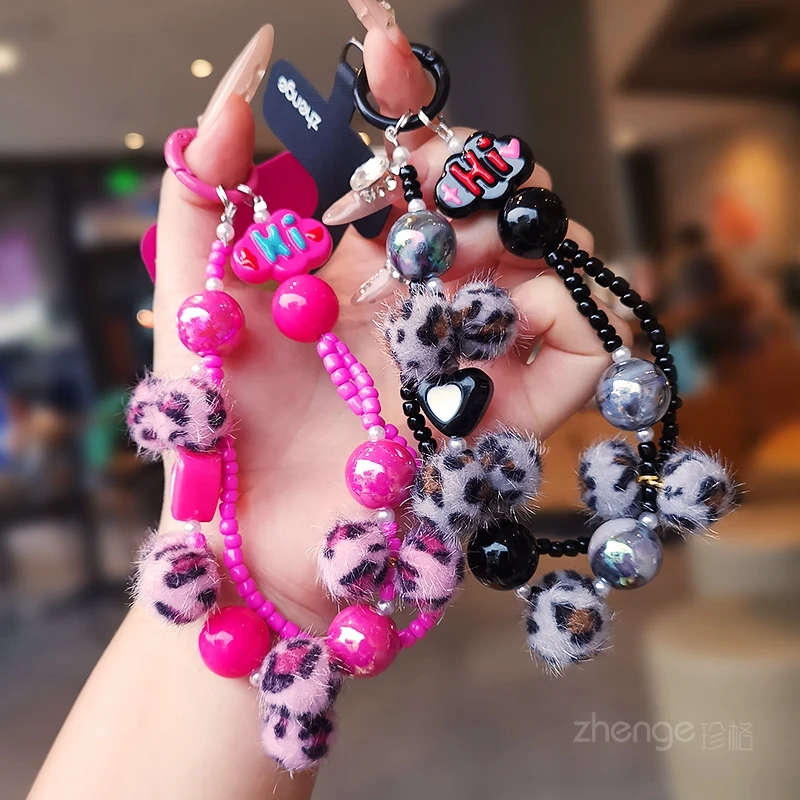 

Подвеска-цепочка для мобильного телефона с меховым шариком с леопардовым принтом и цепочкой из бисера в форме сердца, модная и универсальная